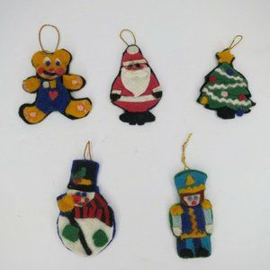 Lot of 5 Vintage Felt Christmas Ornaments - Hand Made, Glued, Flat - Bear, Santa
